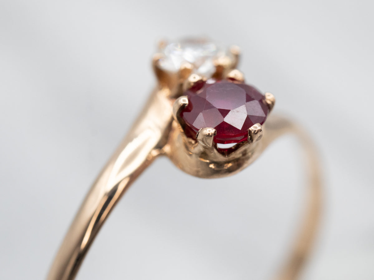Sweet Yellow Gold Diamond and Ruby Bypass Ring