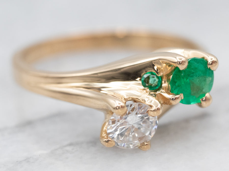 Vintage Gold Emerald and Diamond Bypass Ring