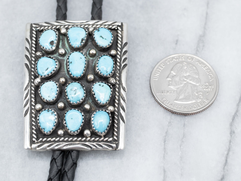 Sterling Silver Vintage Leather and Turquoise Bolo