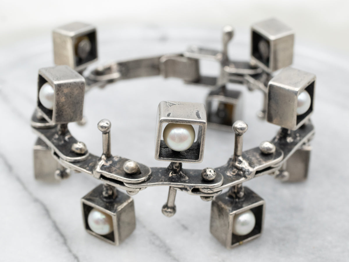 Large Abstract Sterling Silver Pearl Bracelet