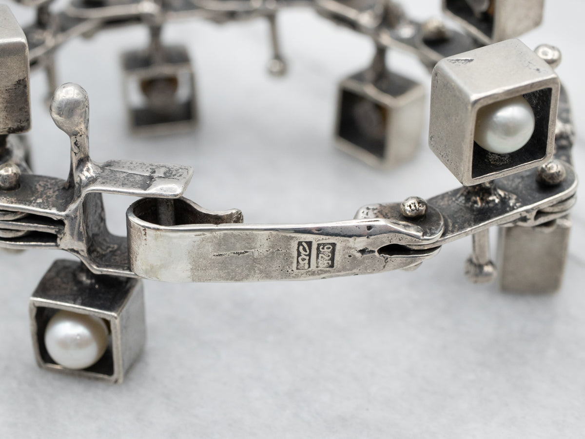 Large Abstract Sterling Silver Pearl Bracelet