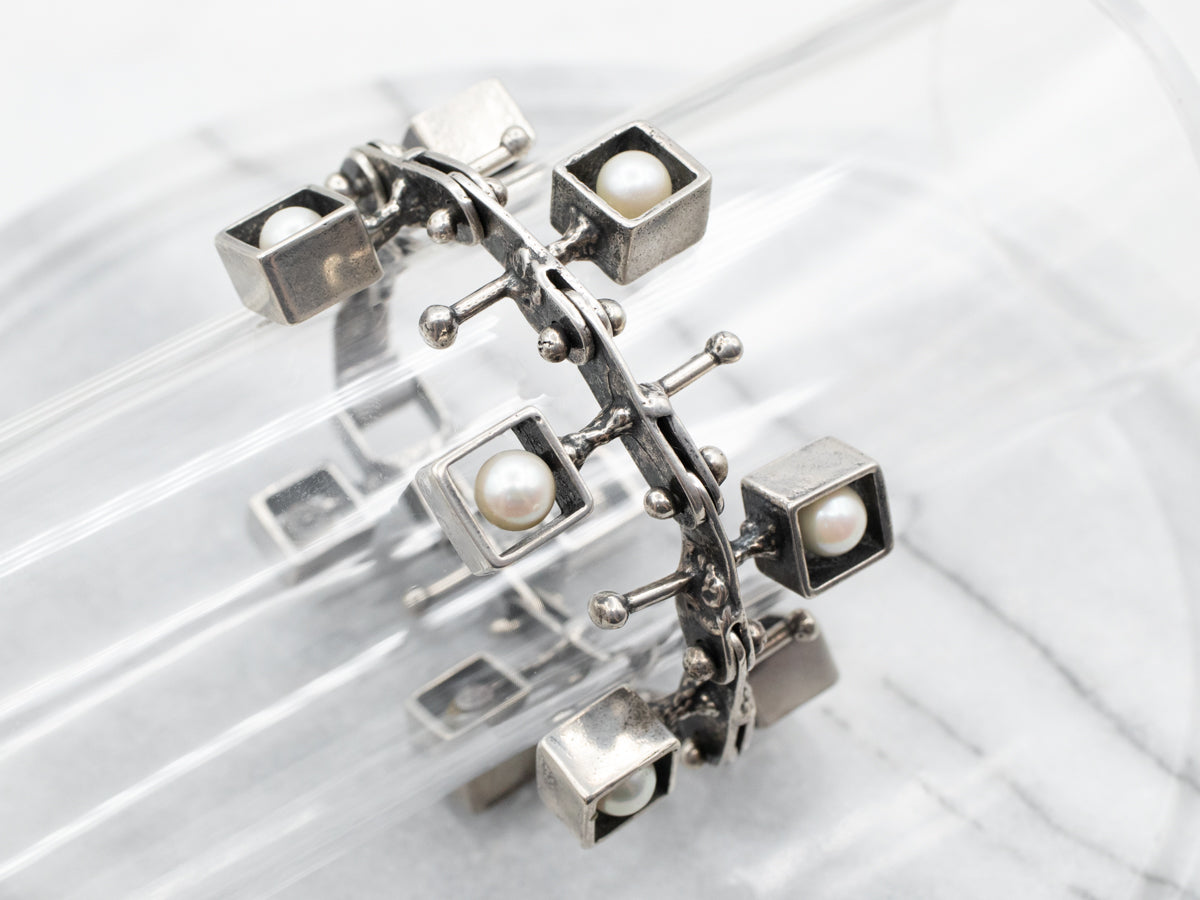 Large Abstract Sterling Silver Pearl Bracelet