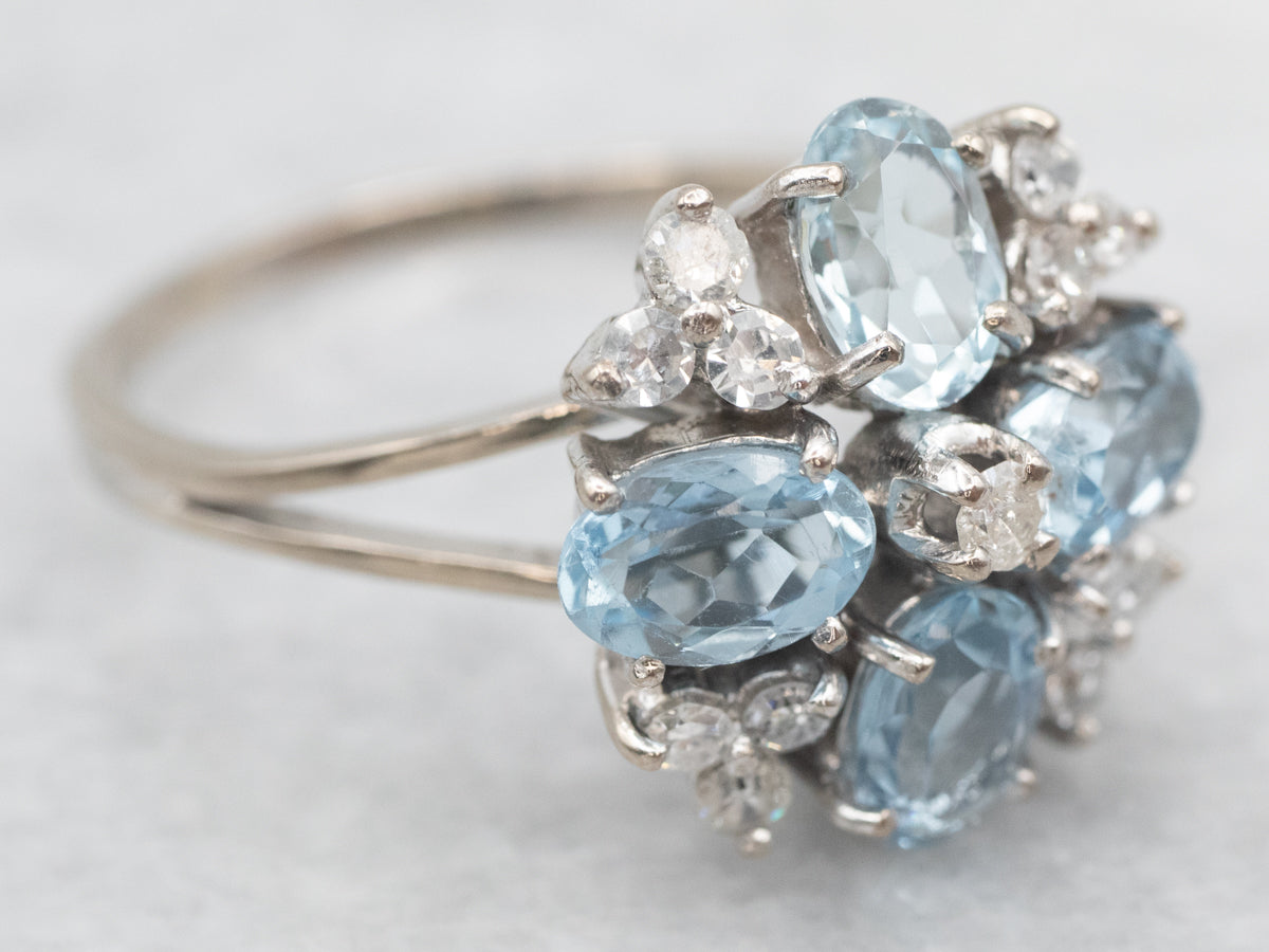 White Gold Aquamarine and Diamond Floral Ring