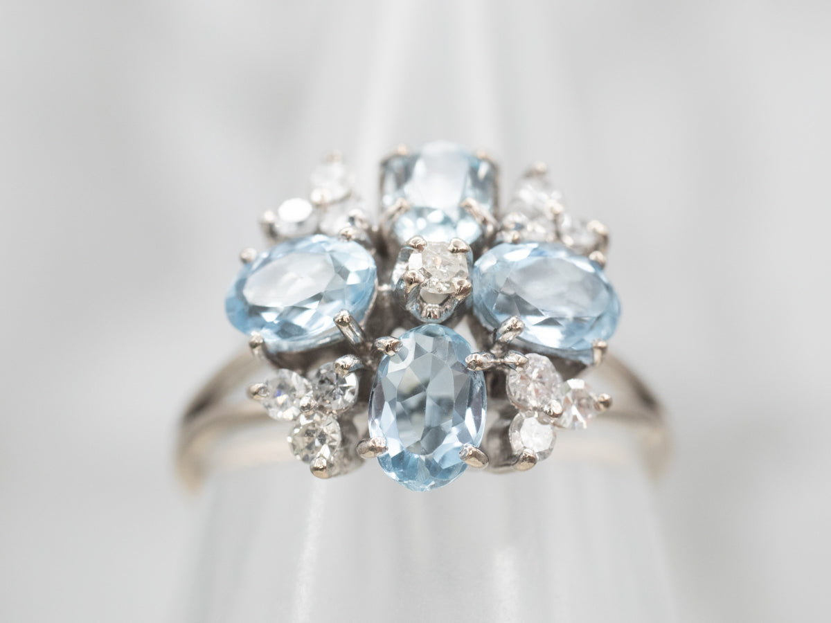 White Gold Aquamarine and Diamond Floral Ring