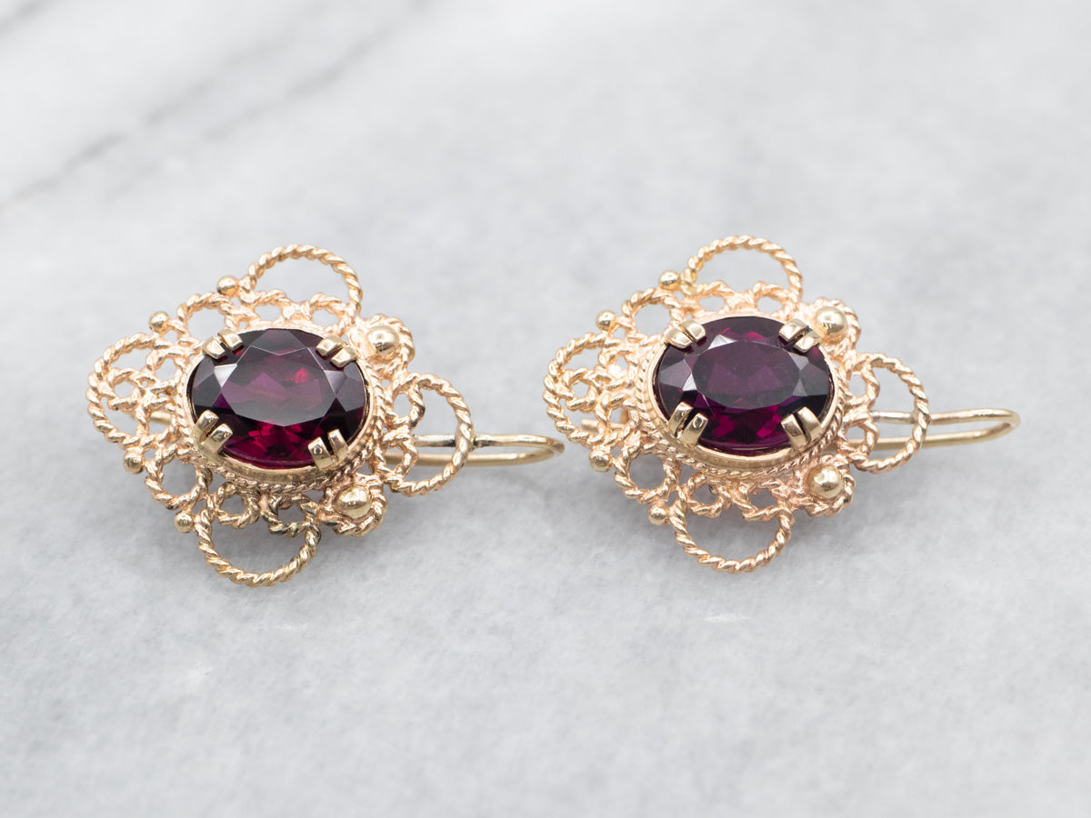 Pendientes colgantes de filigrana de granate piropo dorado adornado