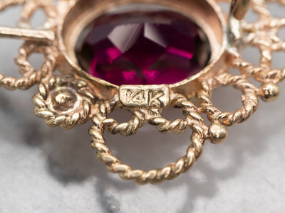 Ornate Gold Pyrope Garnet Filigree Drop Earrings
