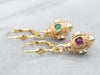 Ornate Gold Ruby and Emerald Cabochon Drop Earrings