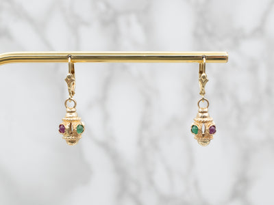 Ornate Gold Ruby and Emerald Cabochon Drop Earrings