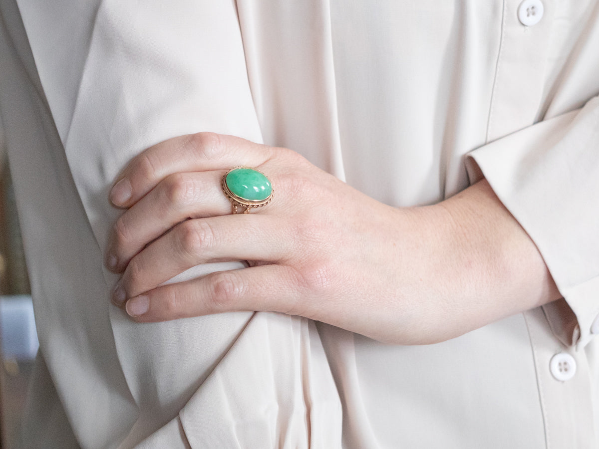 Mid Century Twisting Gold Jade Ring