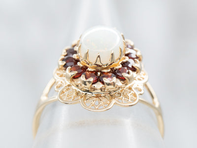 Gold Floral Filigree Opal and Garnet Halo Ring