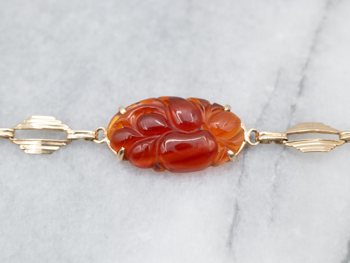 Vintage Carved Carnelian Flower Link Bracelet