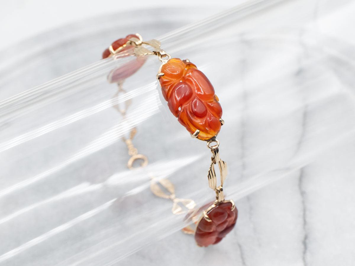 Vintage Carved Carnelian Flower Link Bracelet