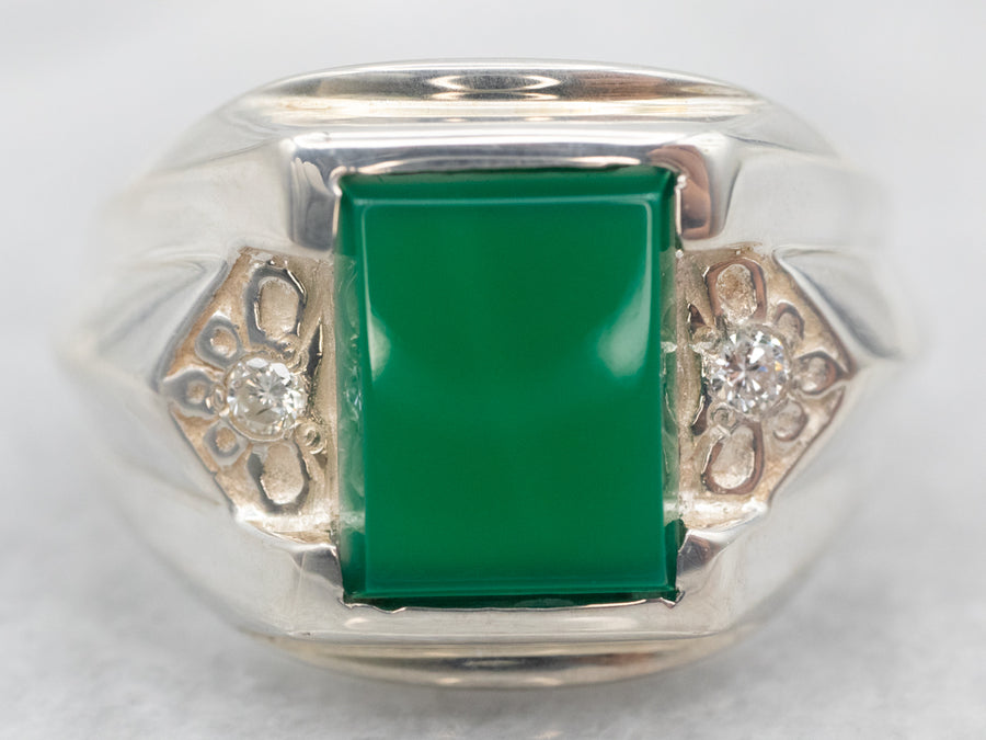 Sterling Silver Men's Green Onyx and Diamond Ring