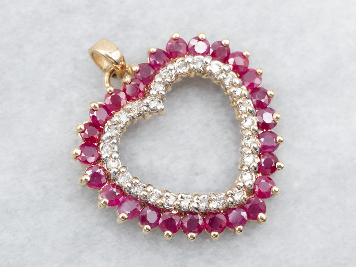 Yellow Gold Ruby and Diamond Heart Pendant