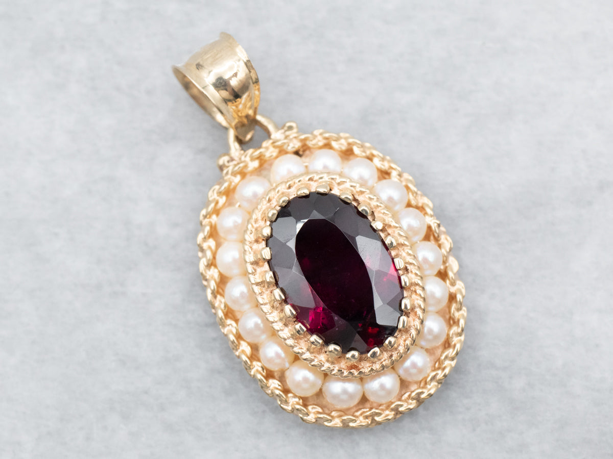 Yellow Gold Rhodolite Garnet and Seed Pearl Halo Pendant