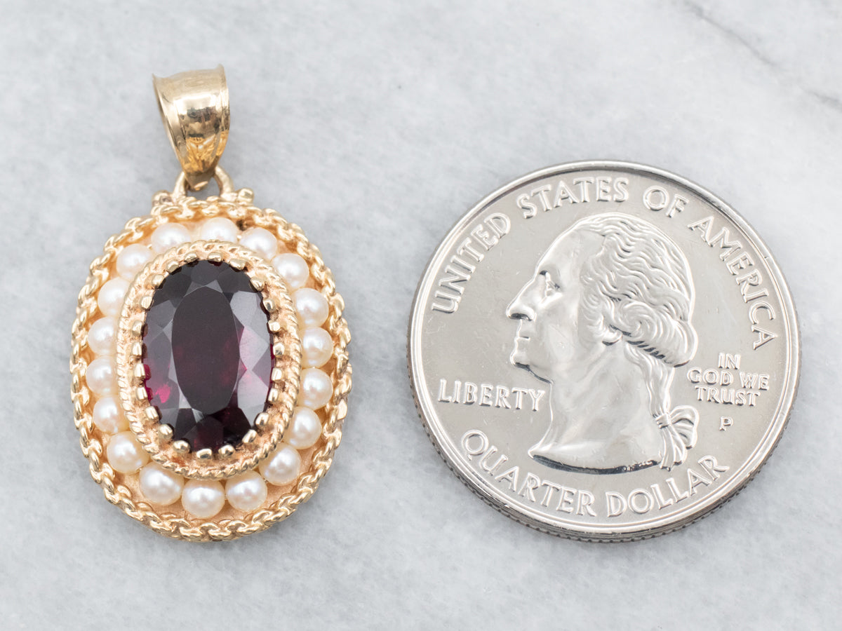 Yellow Gold Rhodolite Garnet and Seed Pearl Halo Pendant