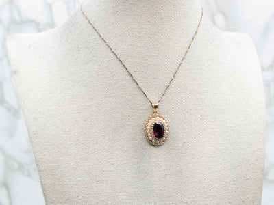 Yellow Gold Rhodolite Garnet and Seed Pearl Halo Pendant