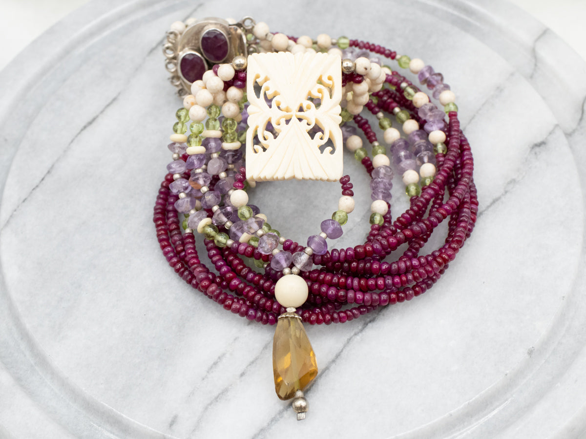 Sterling Silver Ruby Bone Amethyst and Peridot Necklace
