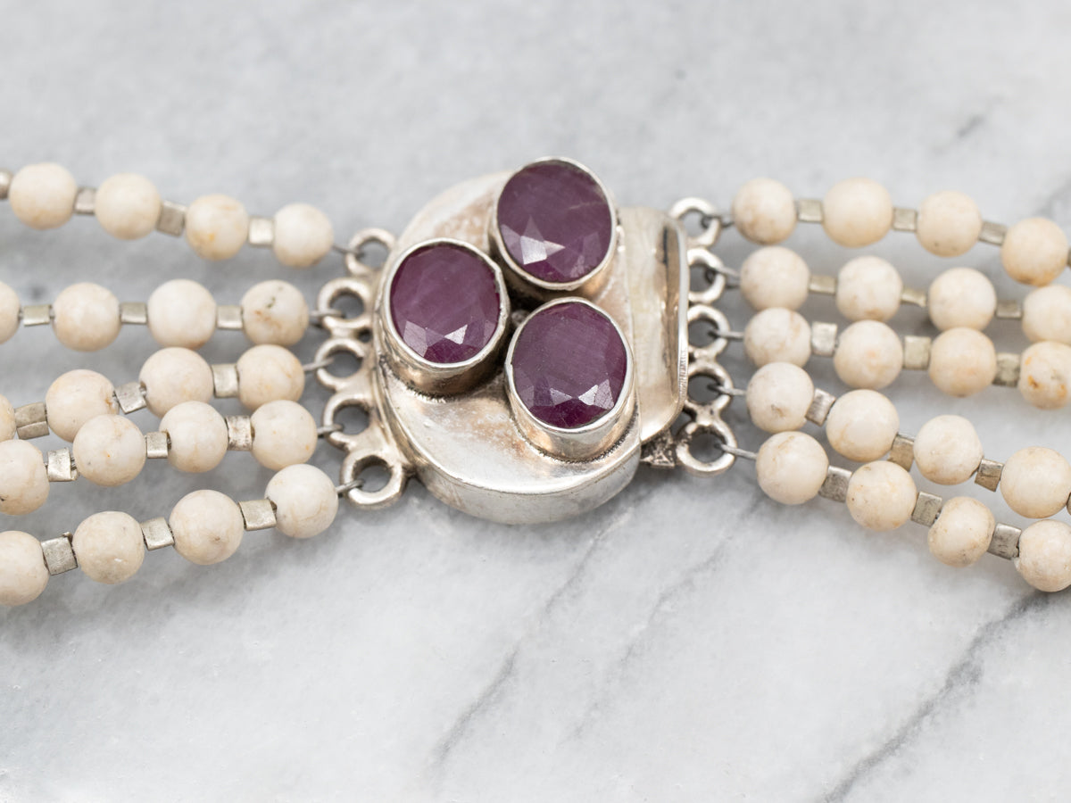 Sterling Silver Ruby Bone Amethyst and Peridot Necklace