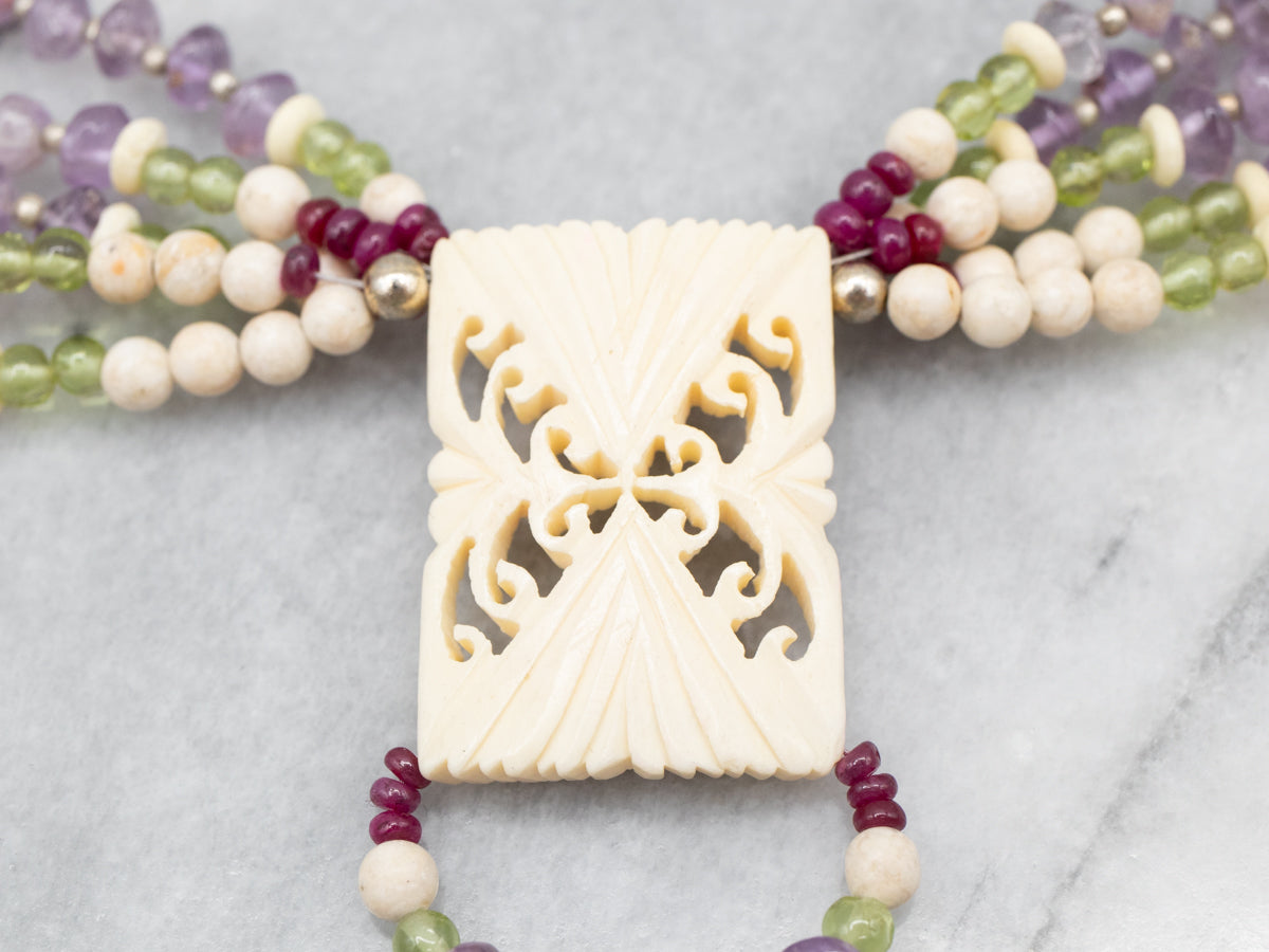 Sterling Silver Ruby Bone Amethyst and Peridot Necklace