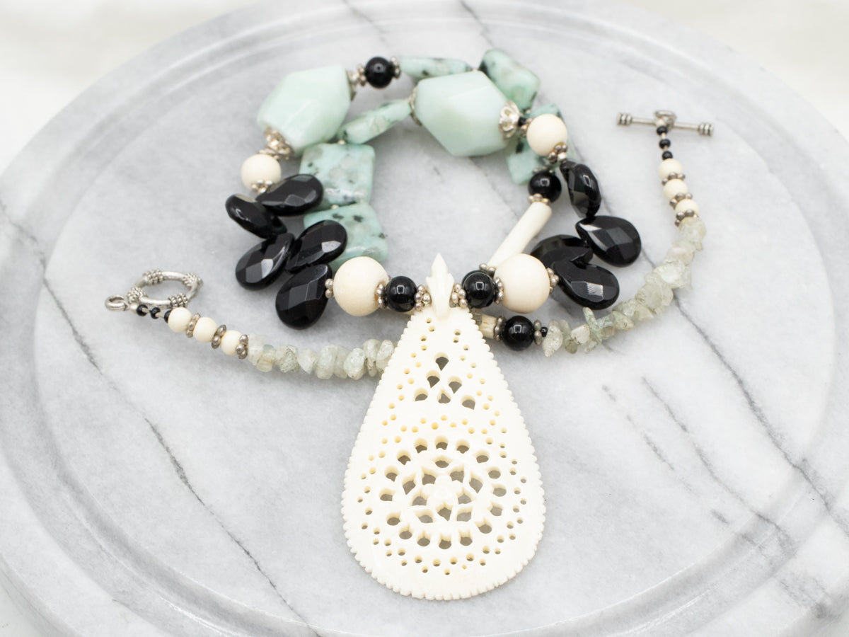 Statement Maker Bone, Aquamarine, and Onyx Necklace