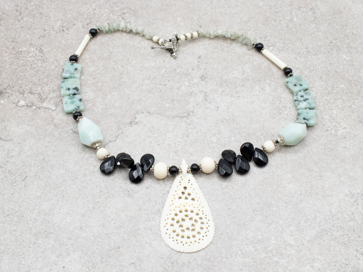 Statement Maker Bone, Aquamarine, and Onyx Necklace