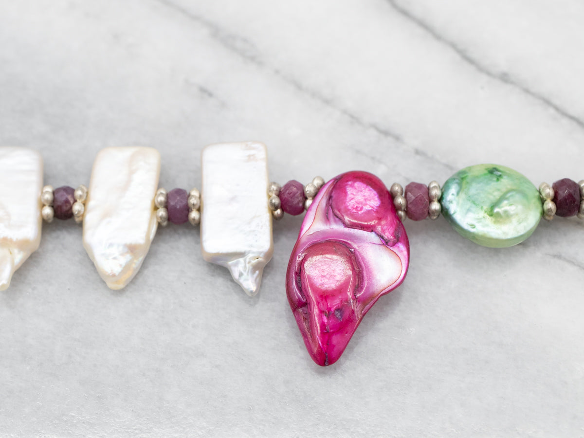 Collar de perlas y rubíes de plata de ley