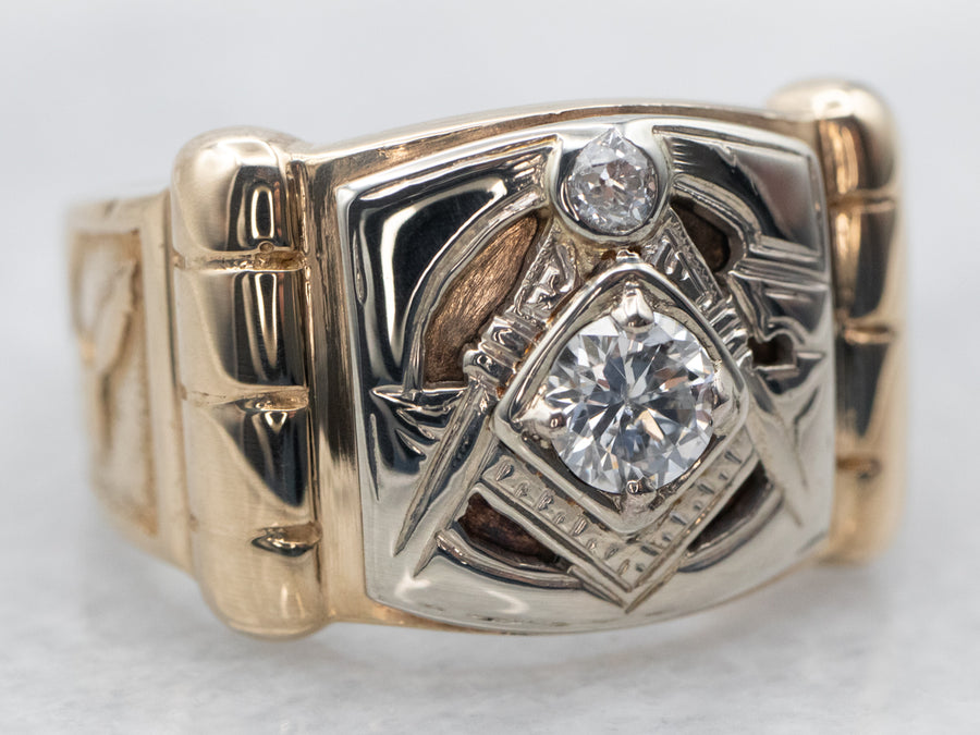 Retro Era Old Mine Cut Diamond Men's Masonic Ring
