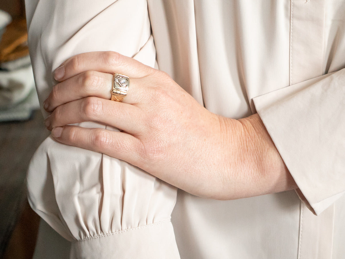 Anillo masónico para hombre con diamantes con talla de mina antigua de la era retro