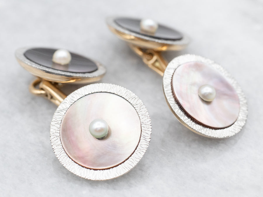 Antique Platinum and Gold Abalone Shell and Seed Pearl Cufflinks