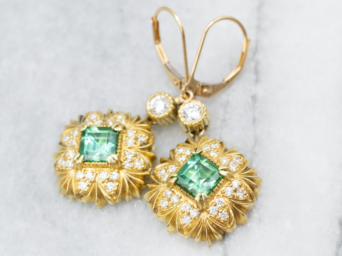 Italian 18K Gold Green Tourmaline and Diamond Drop Earrings