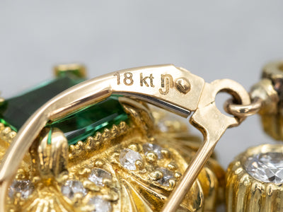 Italian 18K Gold Green Tourmaline and Diamond Drop Earrings