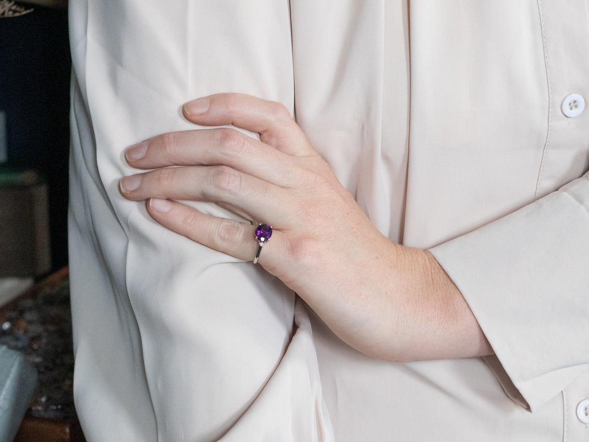 East-West Set Amethyst Solitaire Ring