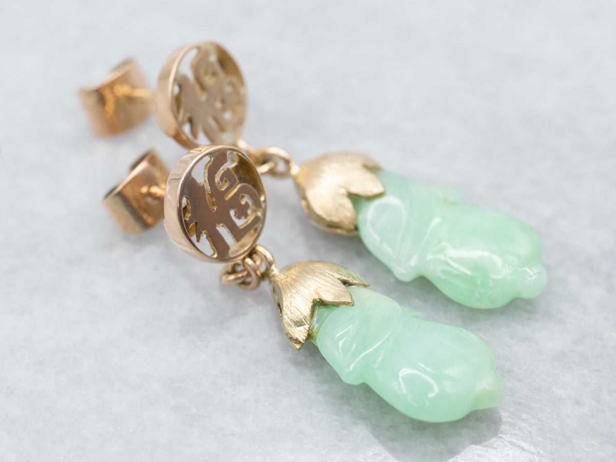 Vintage Gold Ethiopian Carved Jade Drop Earrings