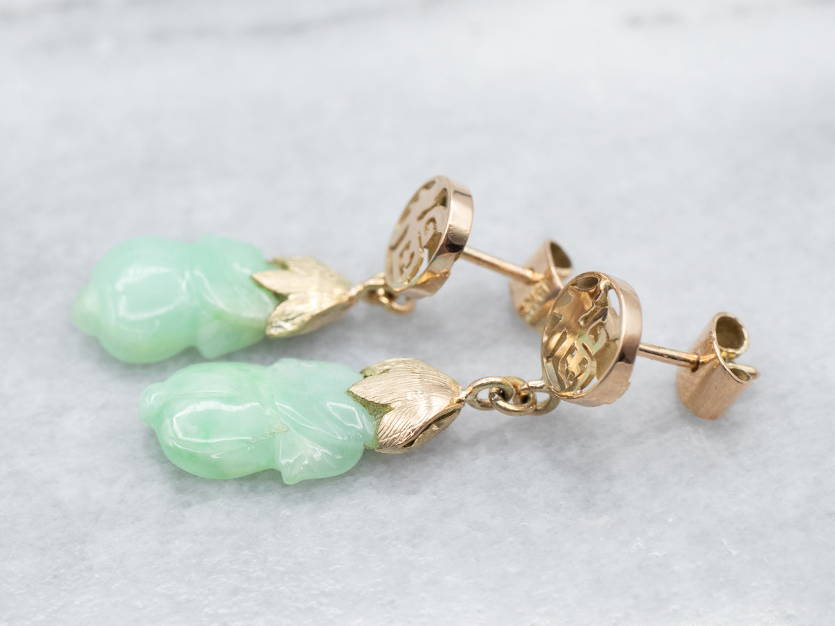 Vintage Gold Ethiopian Carved Jade Drop Earrings