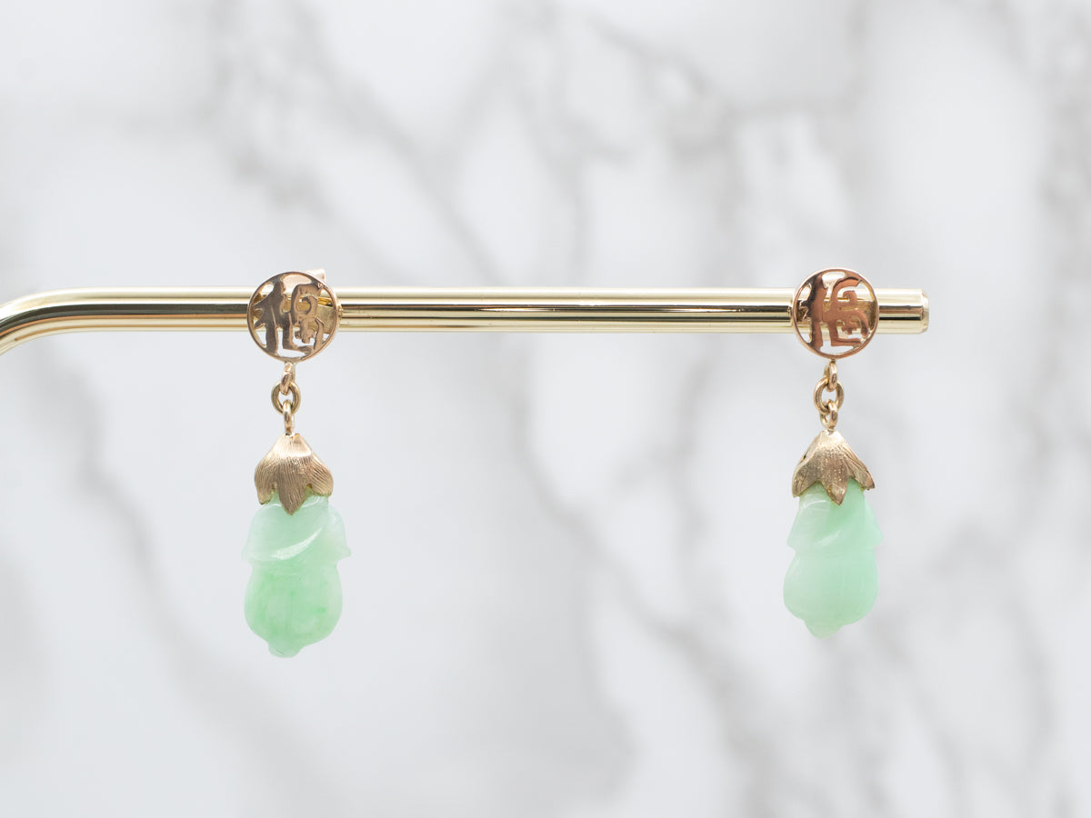 Vintage Gold Ethiopian Carved Jade Drop Earrings
