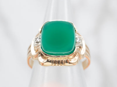 Fabulous Art Deco Green Onyx Ring with Diamond Accents