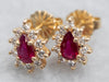 Yellow Gold Ruby Diamond Halo Stud Earrings