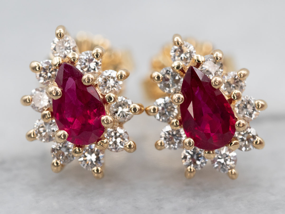 Yellow Gold Ruby Diamond Halo Stud Earrings