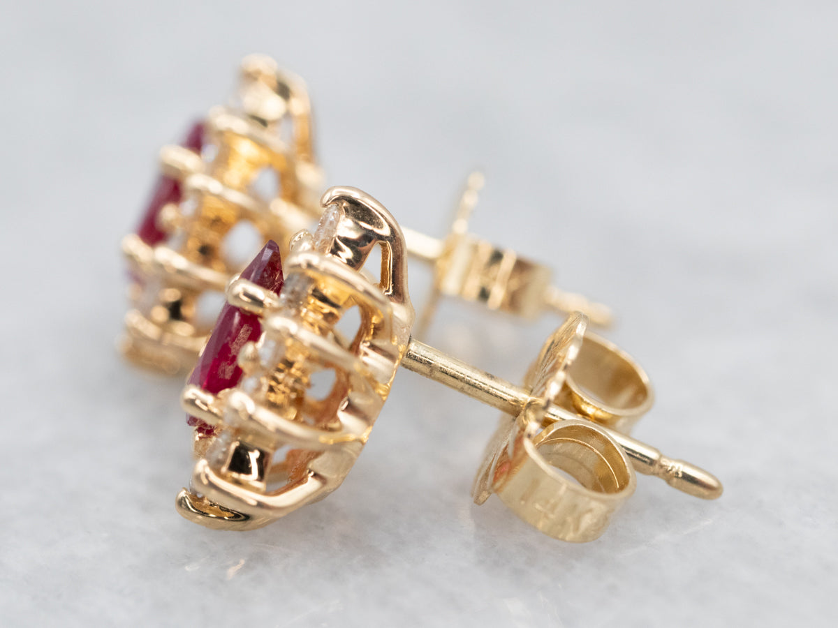Yellow Gold Ruby Diamond Halo Stud Earrings