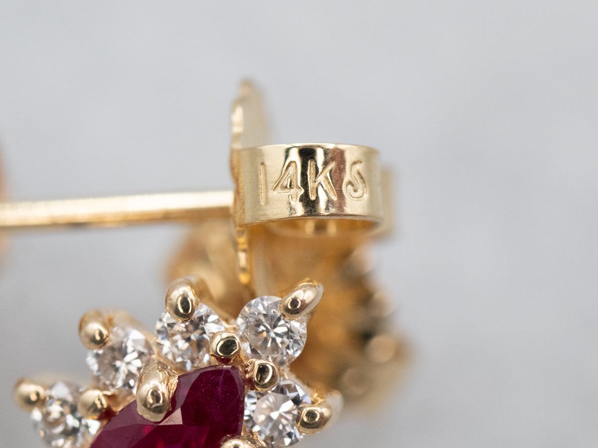 Yellow Gold Ruby Diamond Halo Stud Earrings