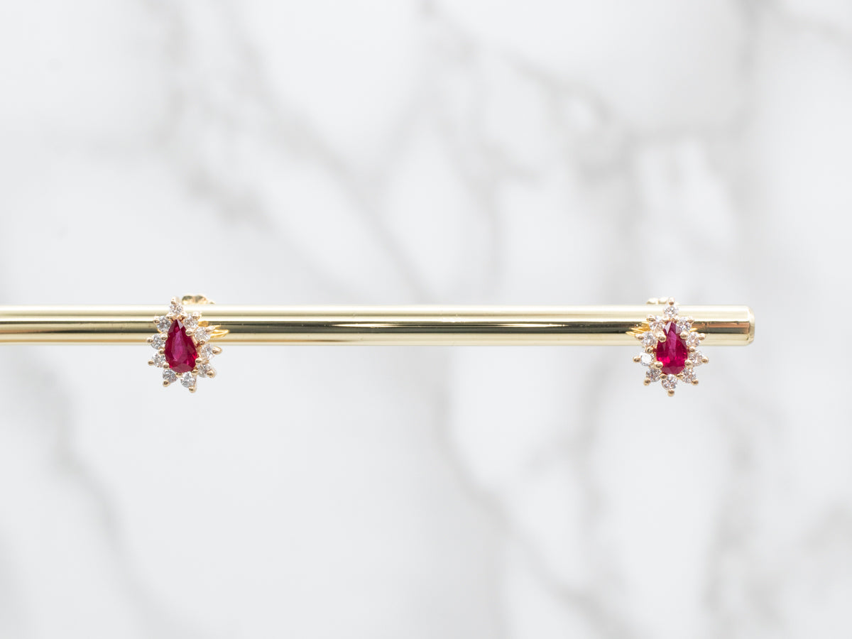 Yellow Gold Ruby Diamond Halo Stud Earrings