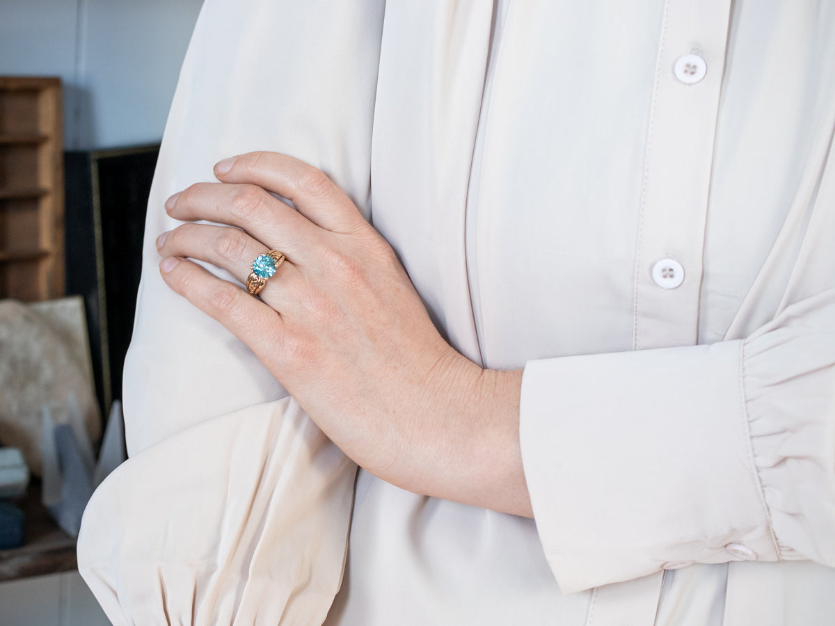 Yellow Gold Blue Zircon Solitaire Ring with Filigree Shoulders