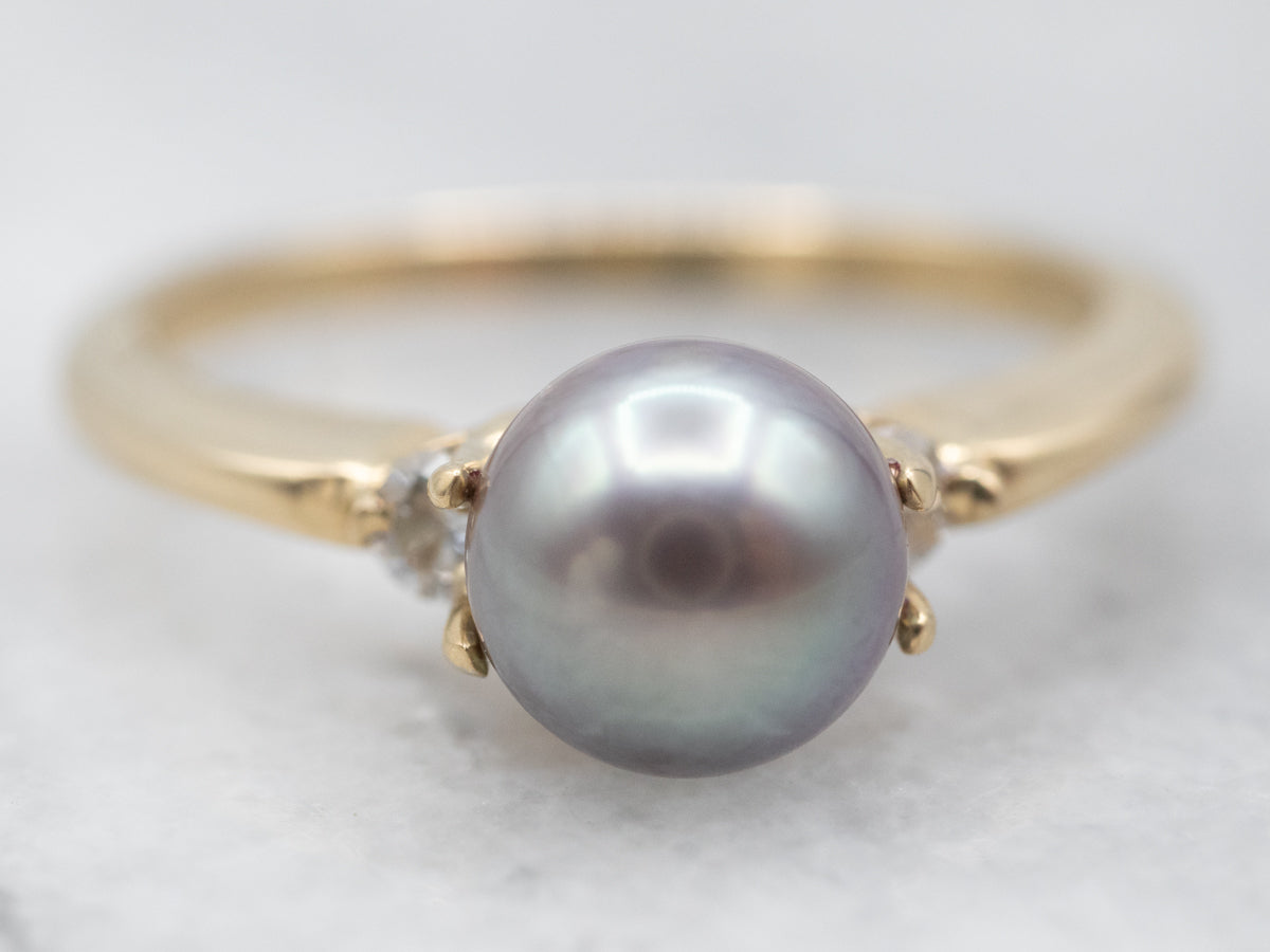 Gray Pearl Ring with Diamond Accents