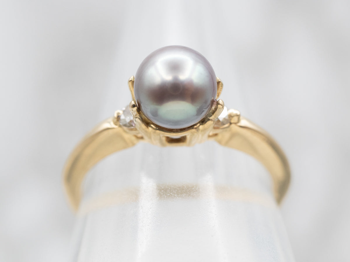 Gray Pearl Ring with Diamond Accents