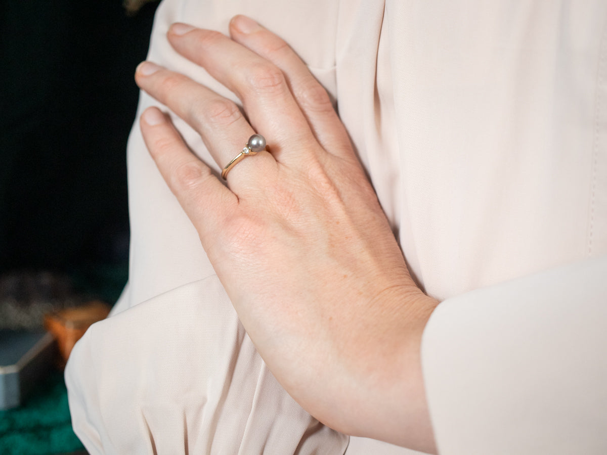 Gray Pearl Ring with Diamond Accents