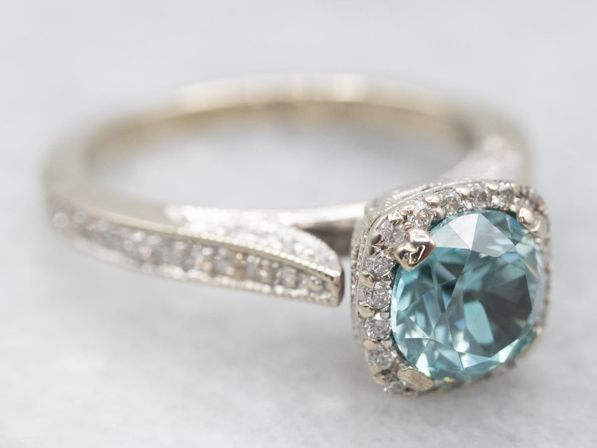 White Gold Blue Zircon Diamond Halo Ring