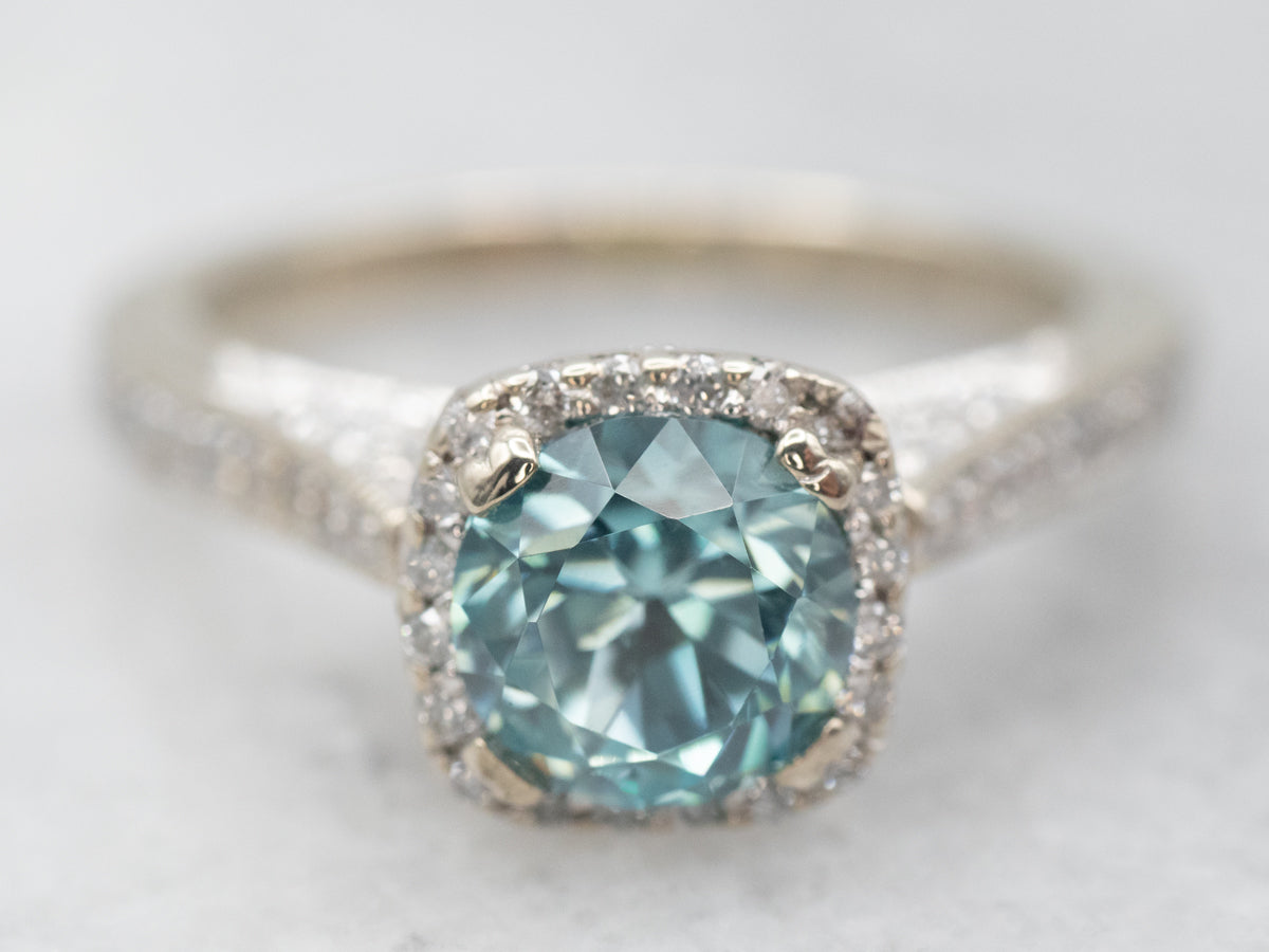 White Gold Blue Zircon Diamond Halo Ring