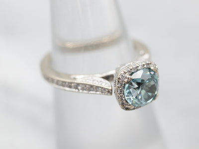 White Gold Blue Zircon Diamond Halo Ring