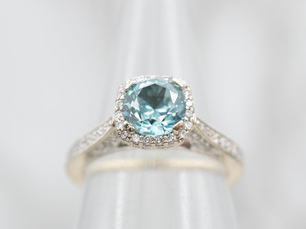 White Gold Blue Zircon Diamond Halo Ring